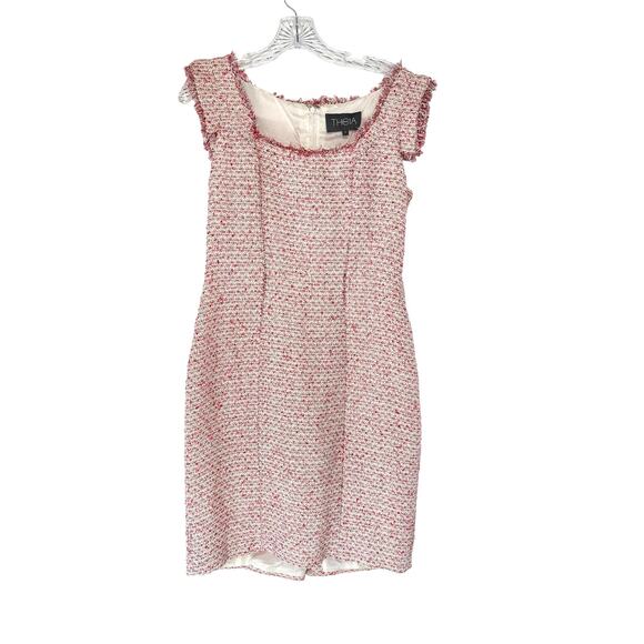 Theia Pink White Tweed Twee Fringe Coquette Knee Length Sheath Dress Size 6 - Picture 1 of 10